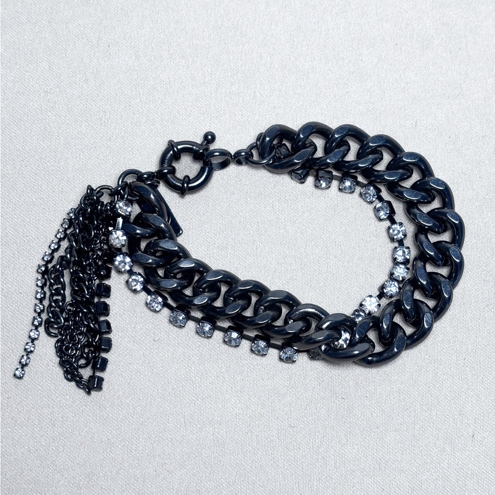 1937 Cubic Zirconia & Curb Chain Layered Black Bracelet